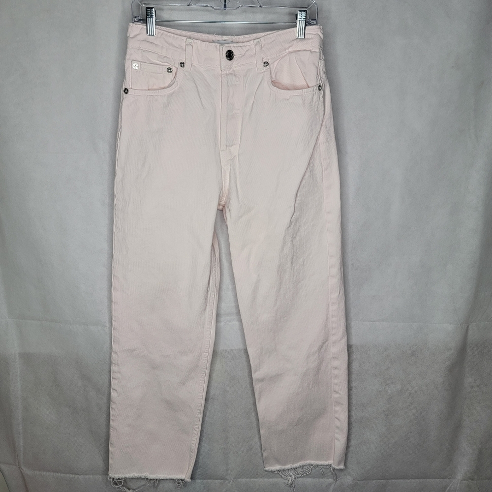 Zara Jeans Light Pink High Rise Button Fly Frayed Cuffs Straight Leg Size 8